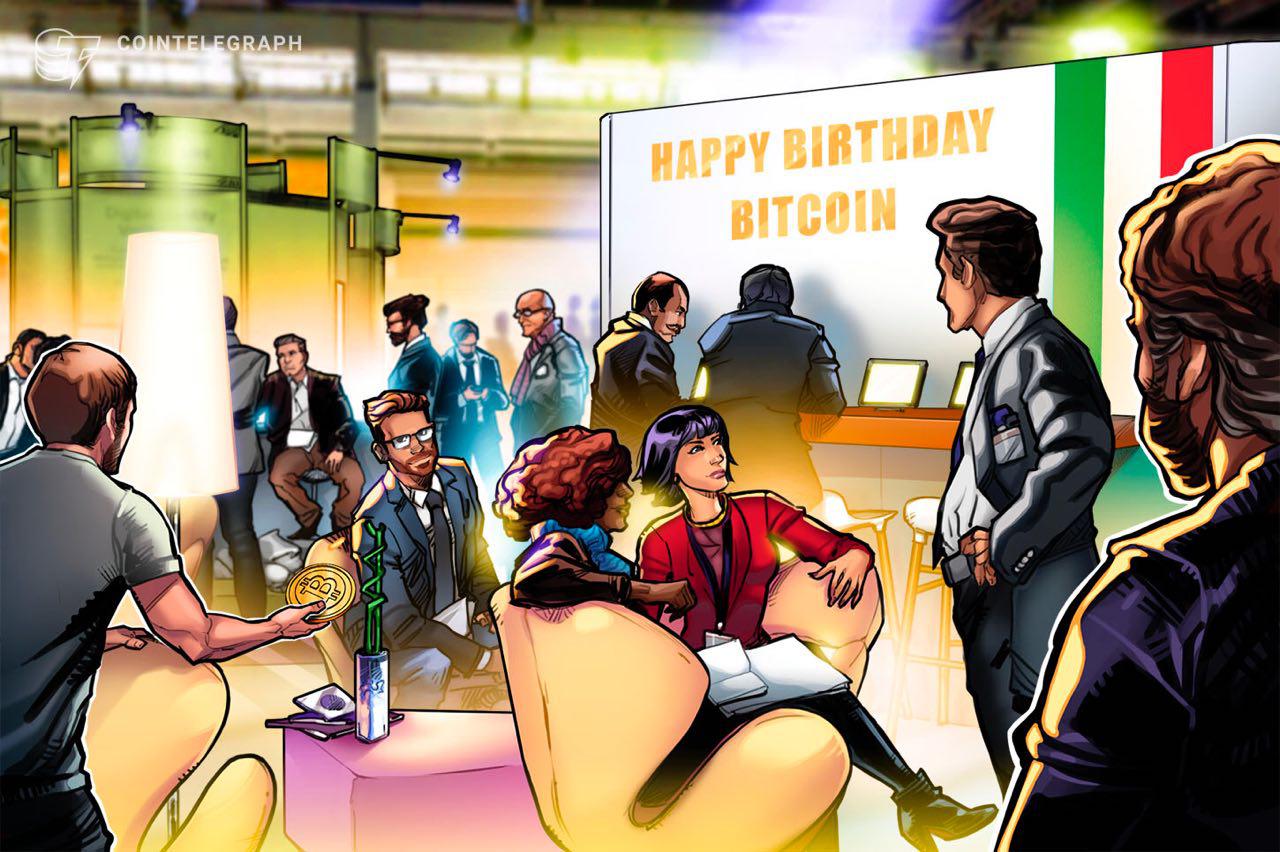 Dieci anni di Bitcoin: il meet-up in Piazza del Popolo con torta, spumante e palloncini