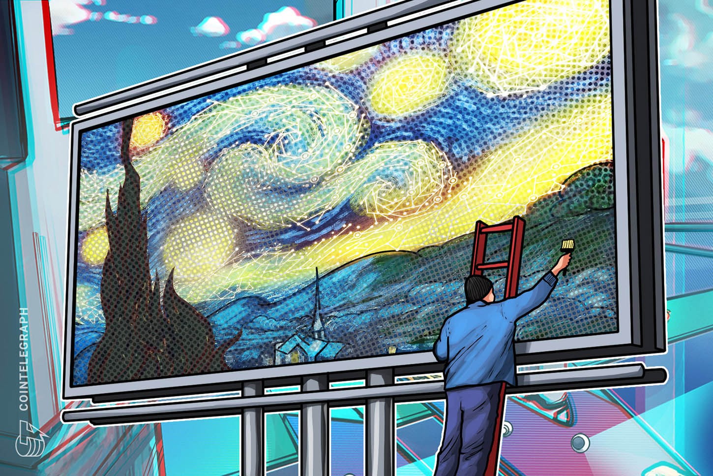 Una obra de arte NFT es exhibida en una valla publicitaria gigante en una intersección de Los Ángeles