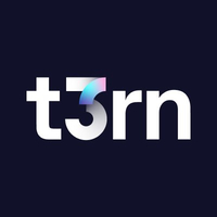 t3rn logo. white text with holographic 3 on blue background.