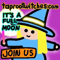 Taproot Witches logo. Cute witch in light blue hat and dress on violet.