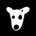 DOGS logo. White head of a dog on a black background.