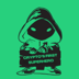 Stoshi logo. Black Alien wearing a hoodie on a green background.