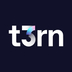 t3rn logo. white text with holographic 3 on blue background.
