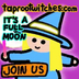 Taproot Witches logo. Cute witch in light blue hat and dress on violet.